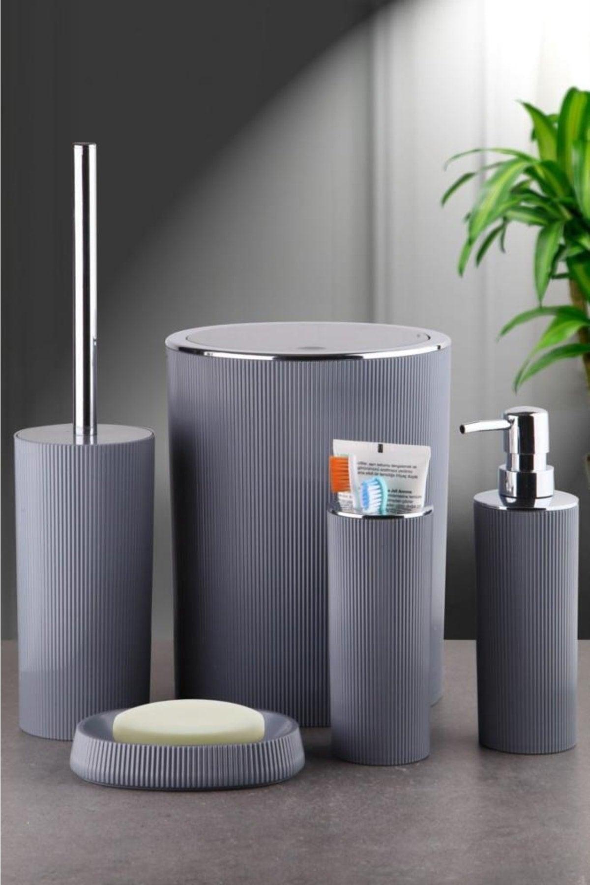 5 Pieces Gray Anthracite Striped Bathroom Set Trash Can Liquid Soap Dispenser Toothbrush Holder Toilet Brush - Swordslife