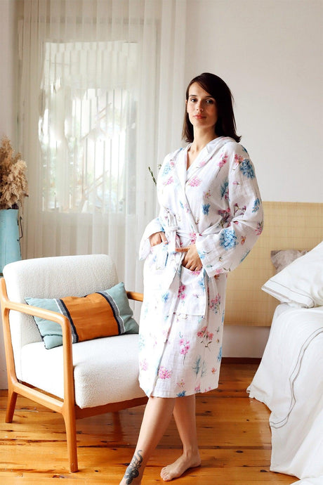 Adult Patterned Muslin Bathrobe, Special Design 100% Cotton 2 Layers Double Sided Hooded - Swordslife