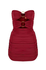 Claret Red Bust Gold Two-Ring Ruffle Strapless Draped Mini Evening Dress - Swordslife