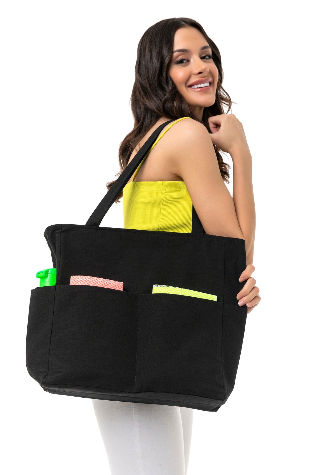 Black Handle Shoulder Bag, Canvas Tote Bag, Zipper, Multi Pocket, Shopping Bag, Eco Friendly
