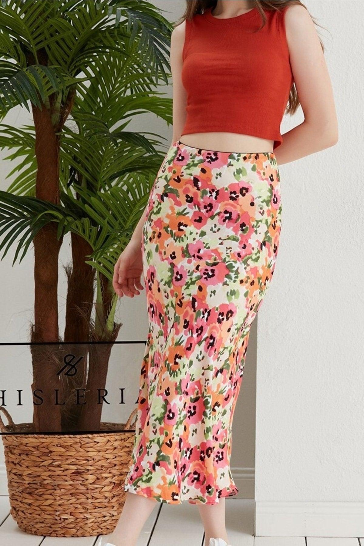 Floral Pattern Viscose Satin Midi Length Skirt -pink Flower - Swordslife