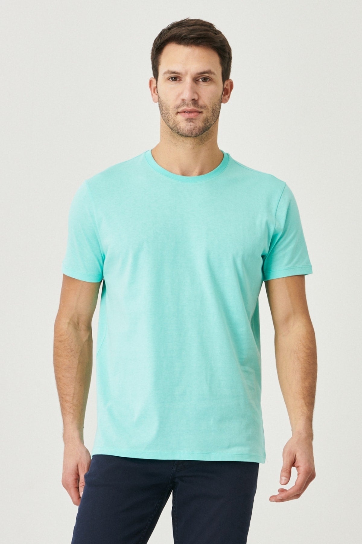 Men'S Turquoise 100% Cotton Slim Fit Slim Fit Crew Neck Short Sleeved T-Shirt