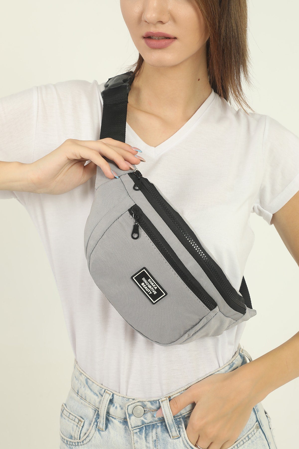 Gray U8 2-Compartment Adjustable Cross Strap Canvas Unisex Waist And Shoulder Bag E:38 B:17 G:7