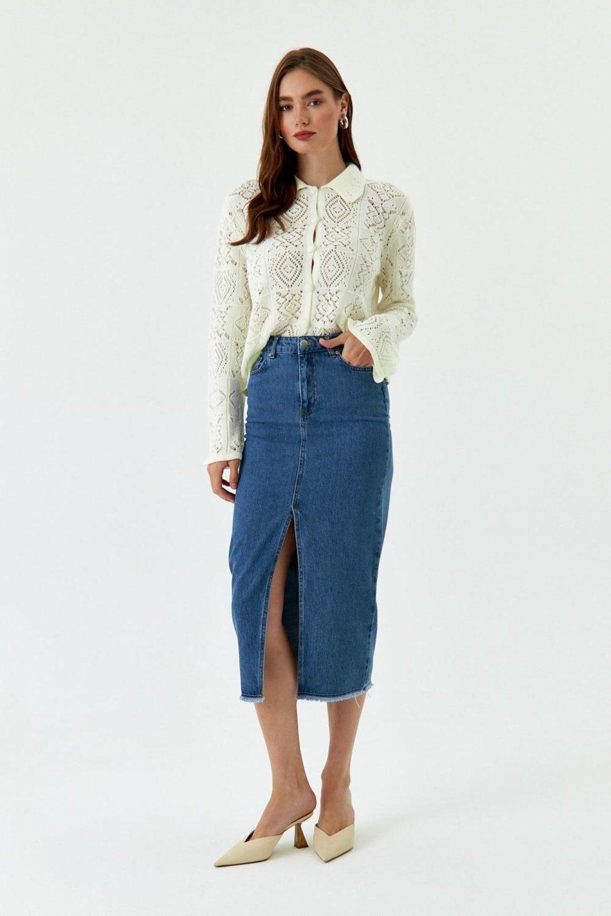 Slit Detailed Midi Length Dark Blue Denim Skirt - Swordslife