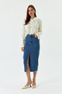 Slit Detailed Midi Length Dark Blue Denim Skirt - Swordslife