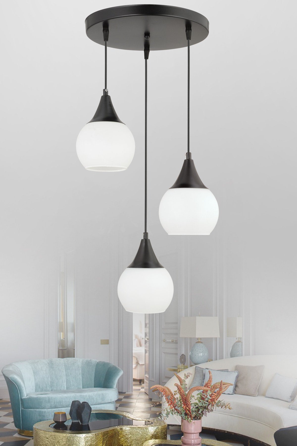 Sante 3-Piece Black and White Glass Modern Pendant Lamp Chandelier Living Room Kitchen Room Hallway Chandelier