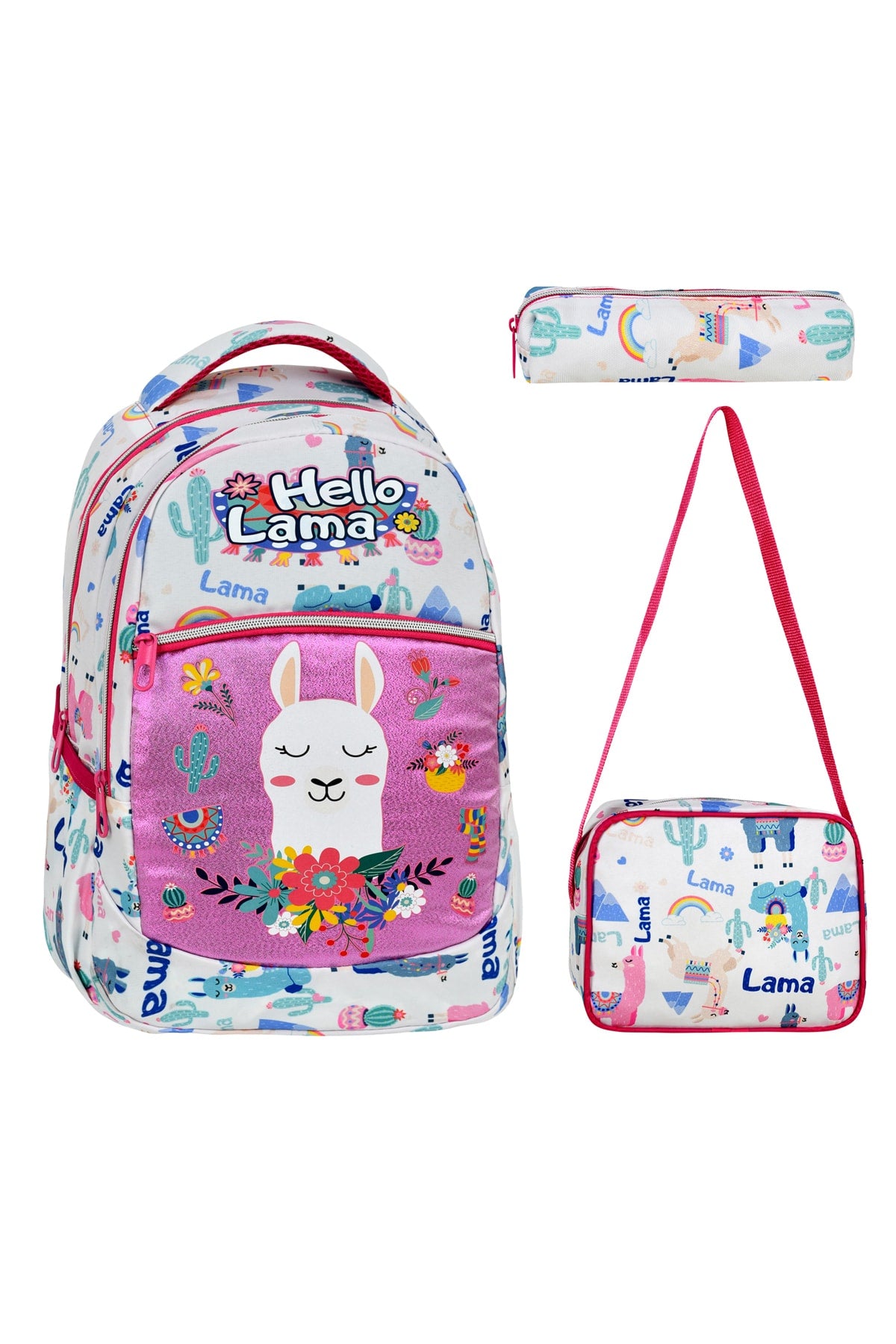 Set of 3, Llama Patterned Patterned Primary School Bag Lunch Box Pen Holder