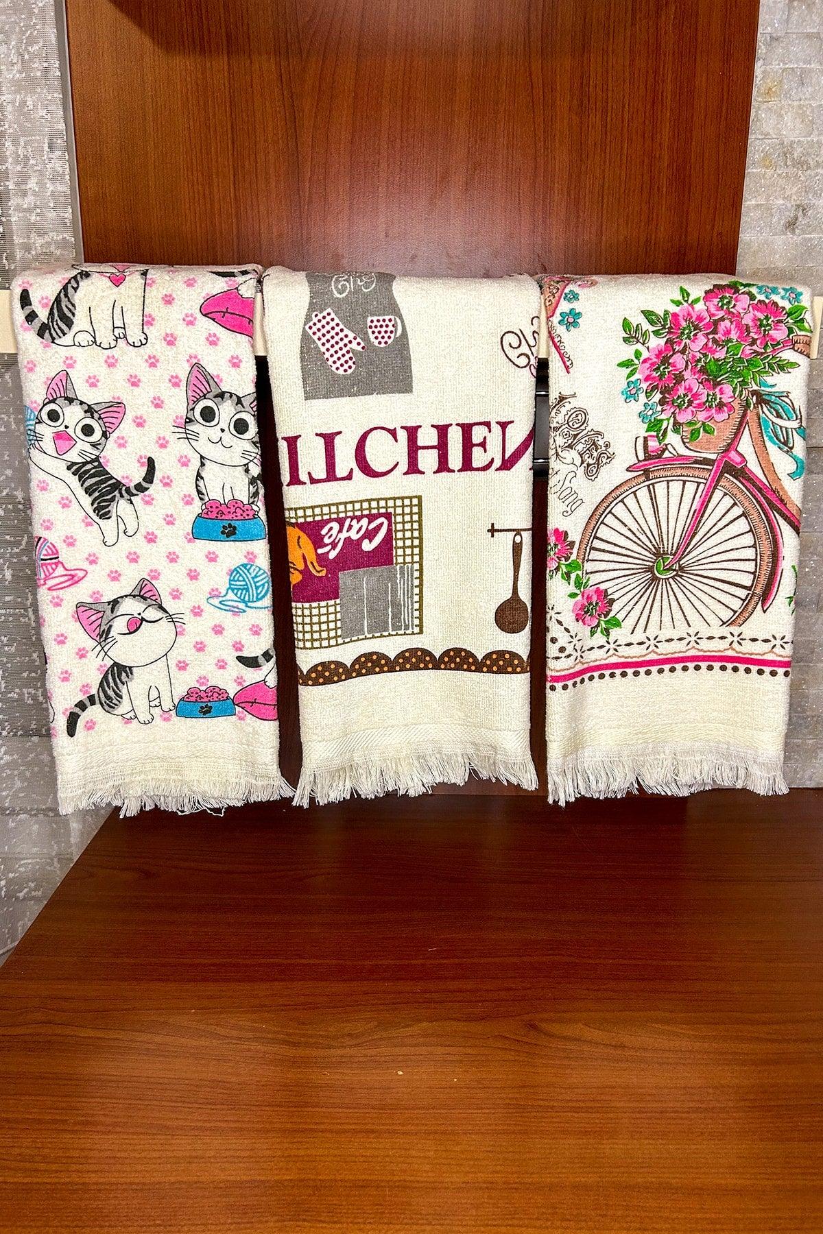 3 Piece Fringed Cotton 40x60 Cm Printed Towel Set Hand Face Kitchen Towel Soft Patterned Water Absorbent Set - Swordslife