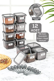 12er-Set quadratische Frischhaltedosen mit auslaufsicherem Deckel, Anthrazit, 12 x 0,50 l, beschriftet