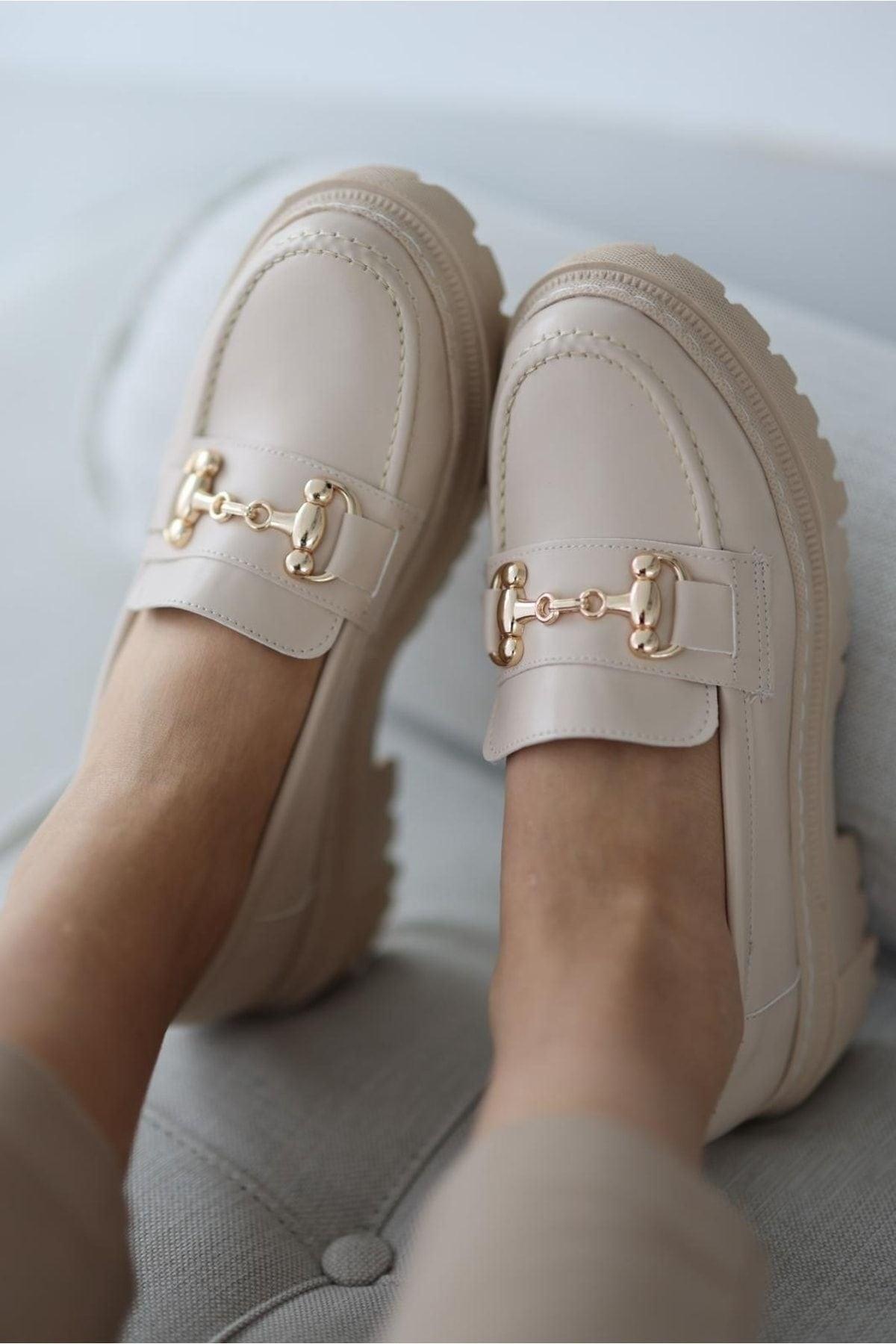 Women's Thick Sole Loafer Loafers Gc Beige Gold Buckle - Swordslife