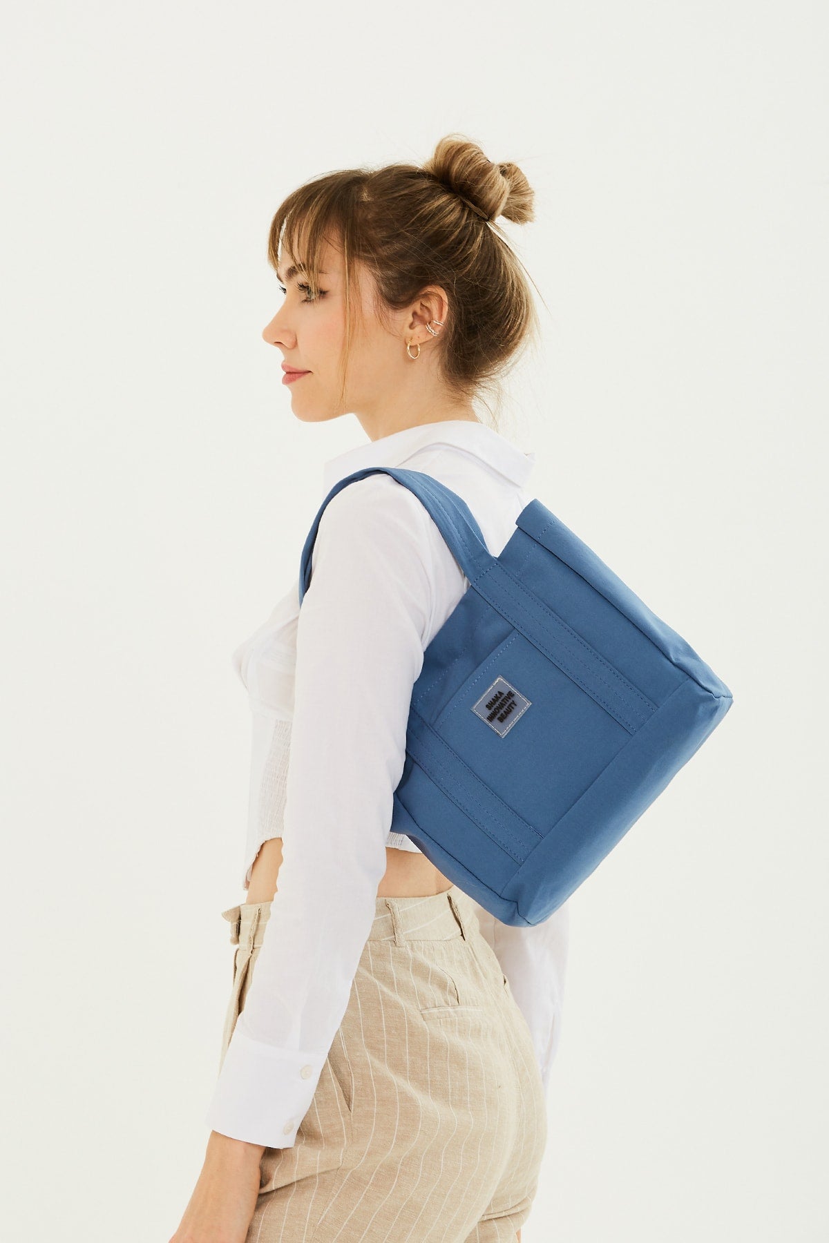 Indigo U37 Snap Closure 2 Compartment Front Pocket Detailed Canvas Fabric Daily Women's Arm And Shoulder Bag