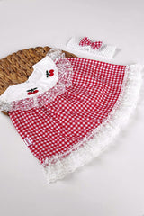 Baby Girl Red Gingham Cherry Detail Lace Hair Band Summer Dress
