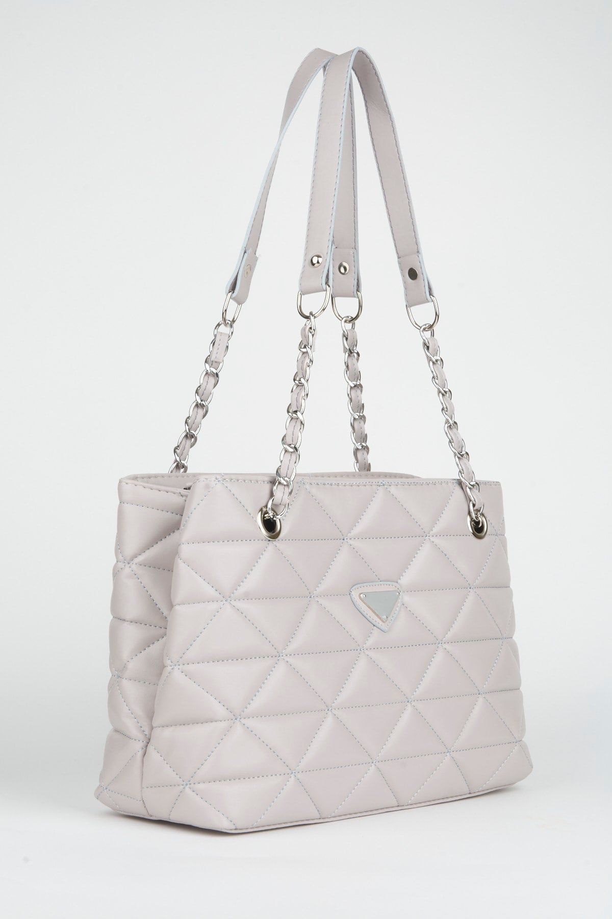 Crocos Light Gray Leather Quilted 3 Compartment Zipper Closure Chain Strap Lined Hand Arm And Shoulder Bag