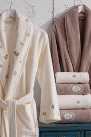Velvet Cotton Bathrobe Set 6 Pieces Vanessa Cream - Beige - Swordslife