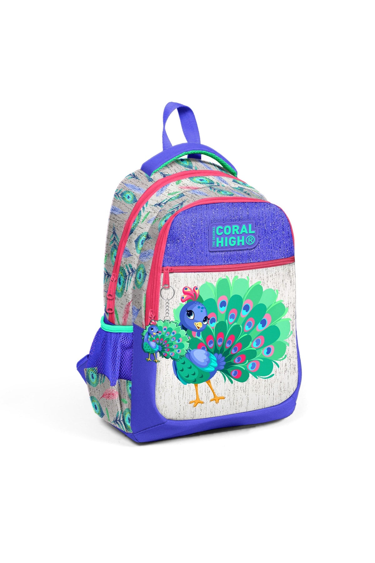 Kids Silver Lavender Peacock Pattern Three Compartment School Backpack 23488