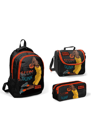 Dreiteiliges Schulrucksack-Set für Kinder mit Basketball-Muster, Schwarz/Orange, 14385
