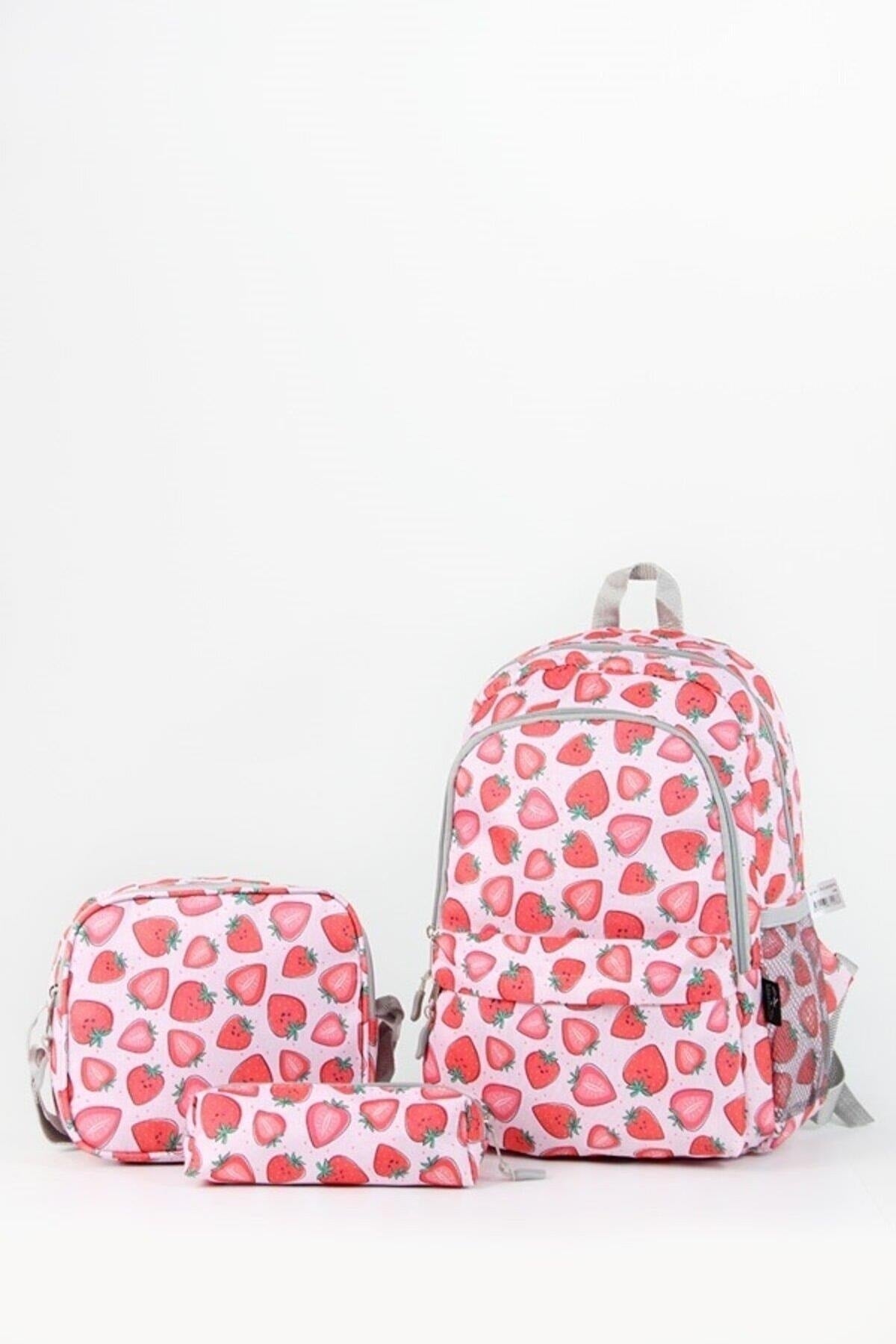 Strawberry Patterned Triple Primary School Bag Set