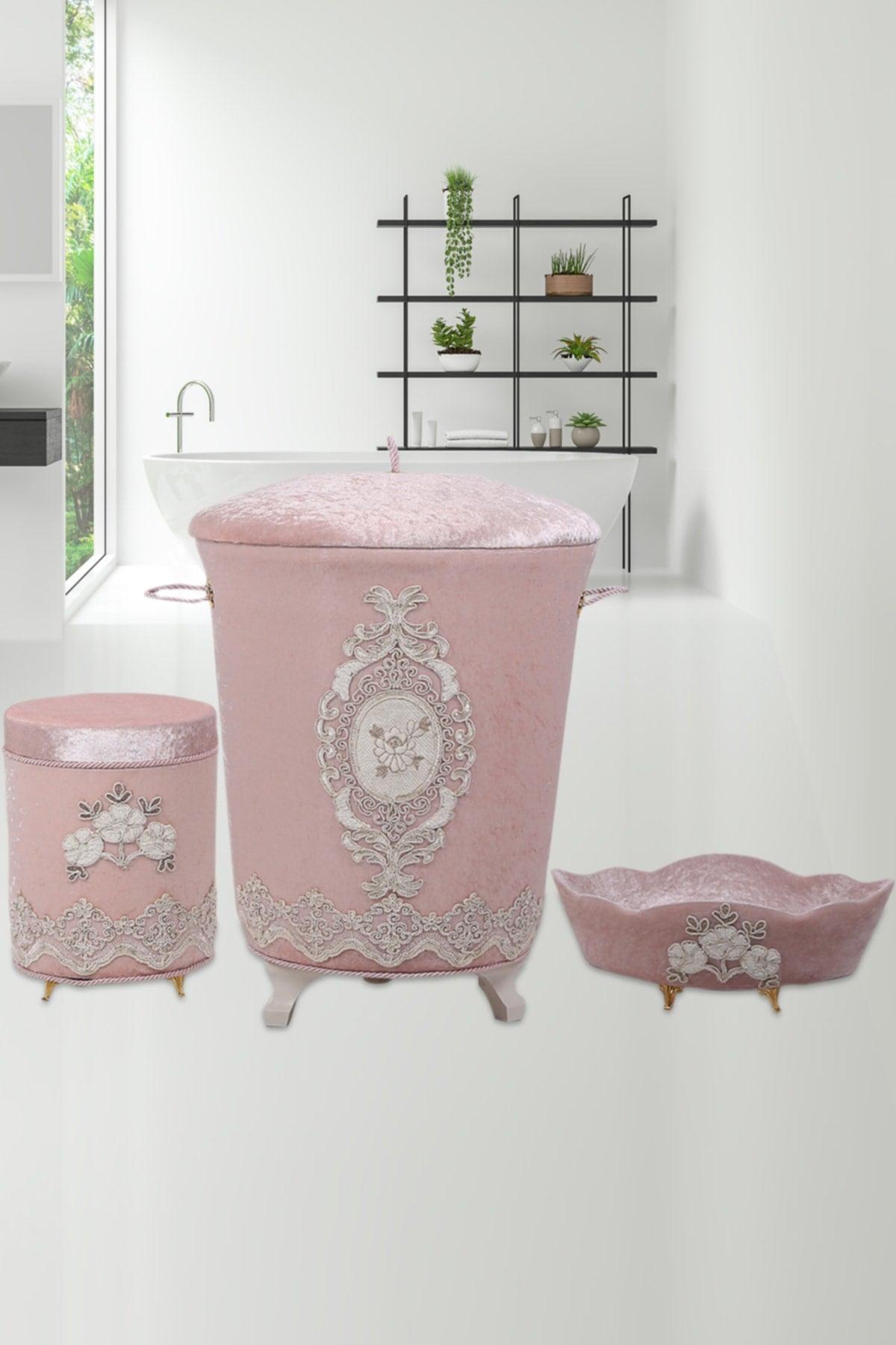 Lisa Powder 3 Pcs Velvet Dowry Lacy Bathroom Dirty Laundry Basket Set | Bathroom Set - Swordslife