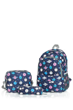 Navy Blue Galaxy Patterned Triple Primary School Bag Set