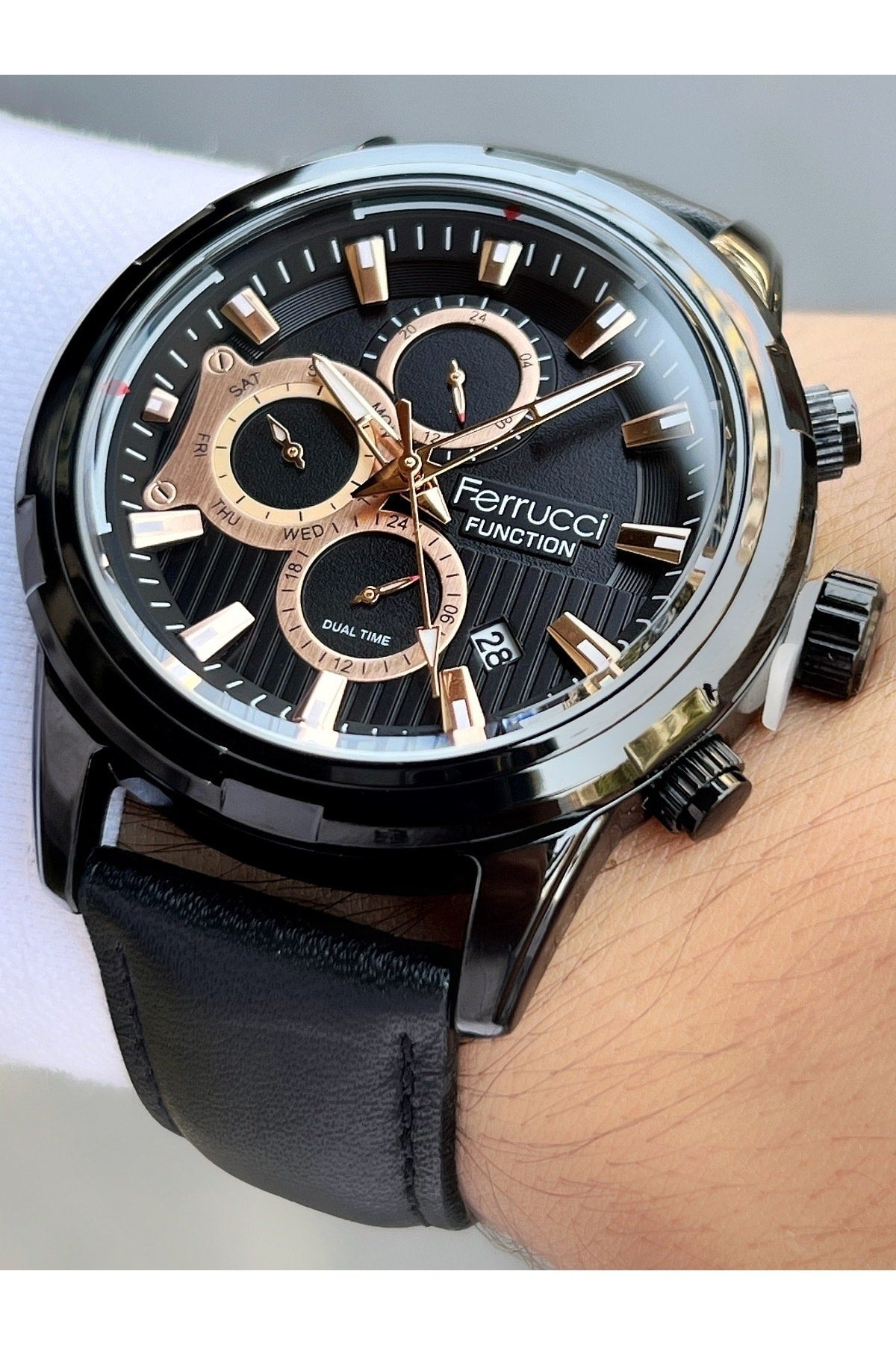 Functions Of Active Black Color 3 Atm Waterproof Leather Band Men'S Wristwatch