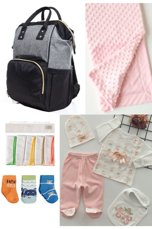 5-teiliges Schwangerschaftsset (Babypflegerucksack, Krankenhausausgang, Kichererbsendecke, 10 Feuchttücher und 3 Socken)