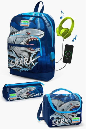 Kids Navy Blue Shark Patterned 3-Piece School Bag Set Set0123822