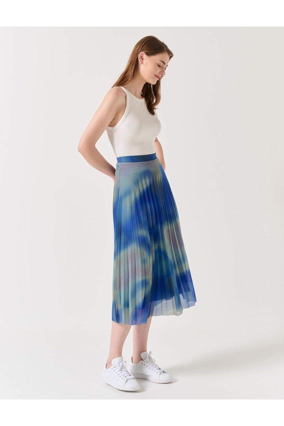 Blue Green High Waist Pleated Patterned Midi Skirt - Swordslife