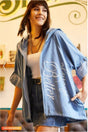 Women's Blue Embossed Printed Slim Hooded Loose Back Long Jacket - Swordslife