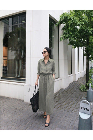 Linen Casual Casual Waist Lace Detailed Long Sleeve Dress - Swordslife