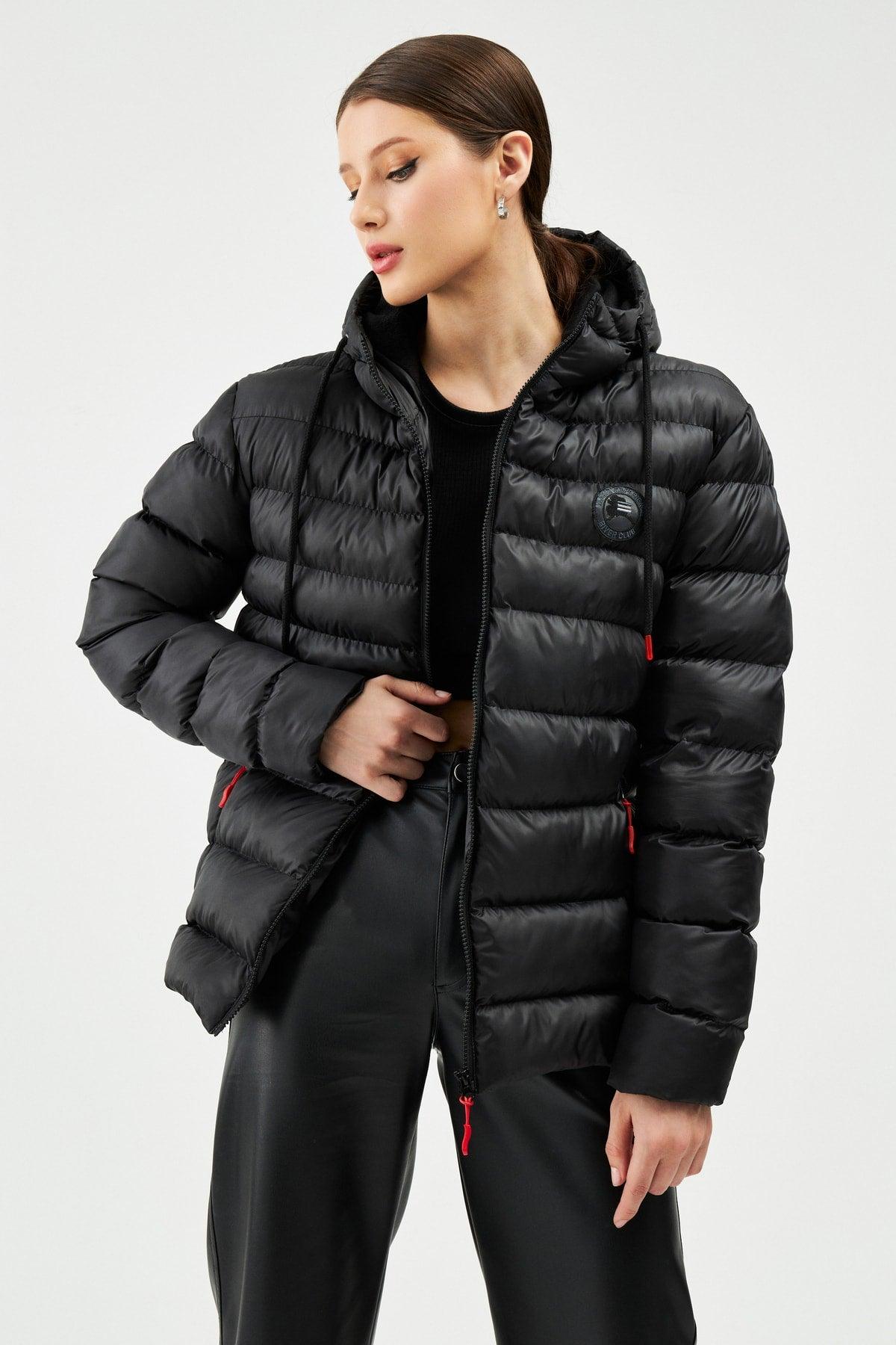 Women's Black Fleece Waterproof And Windproof Hooded Winter Down Jacket - Swordslife
