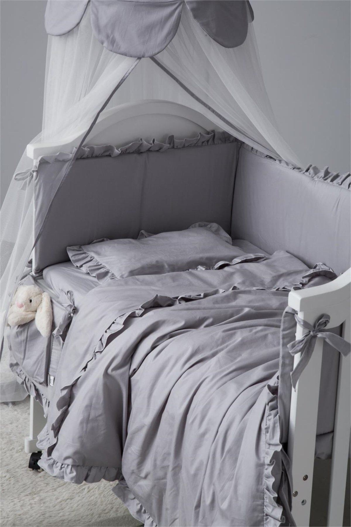 Frilly Gray 60X120 Color Crib / Montessori Side Protection And Duvet Cover Set Bedding Set