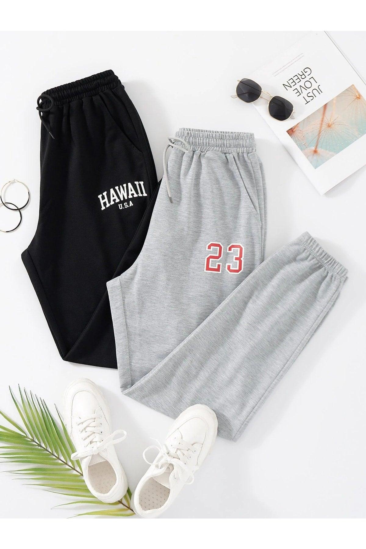 2-Pack Printed Jogger Sweatpants - Black And Grey, Elastic Leg, High Waist, Summer - Swordslife