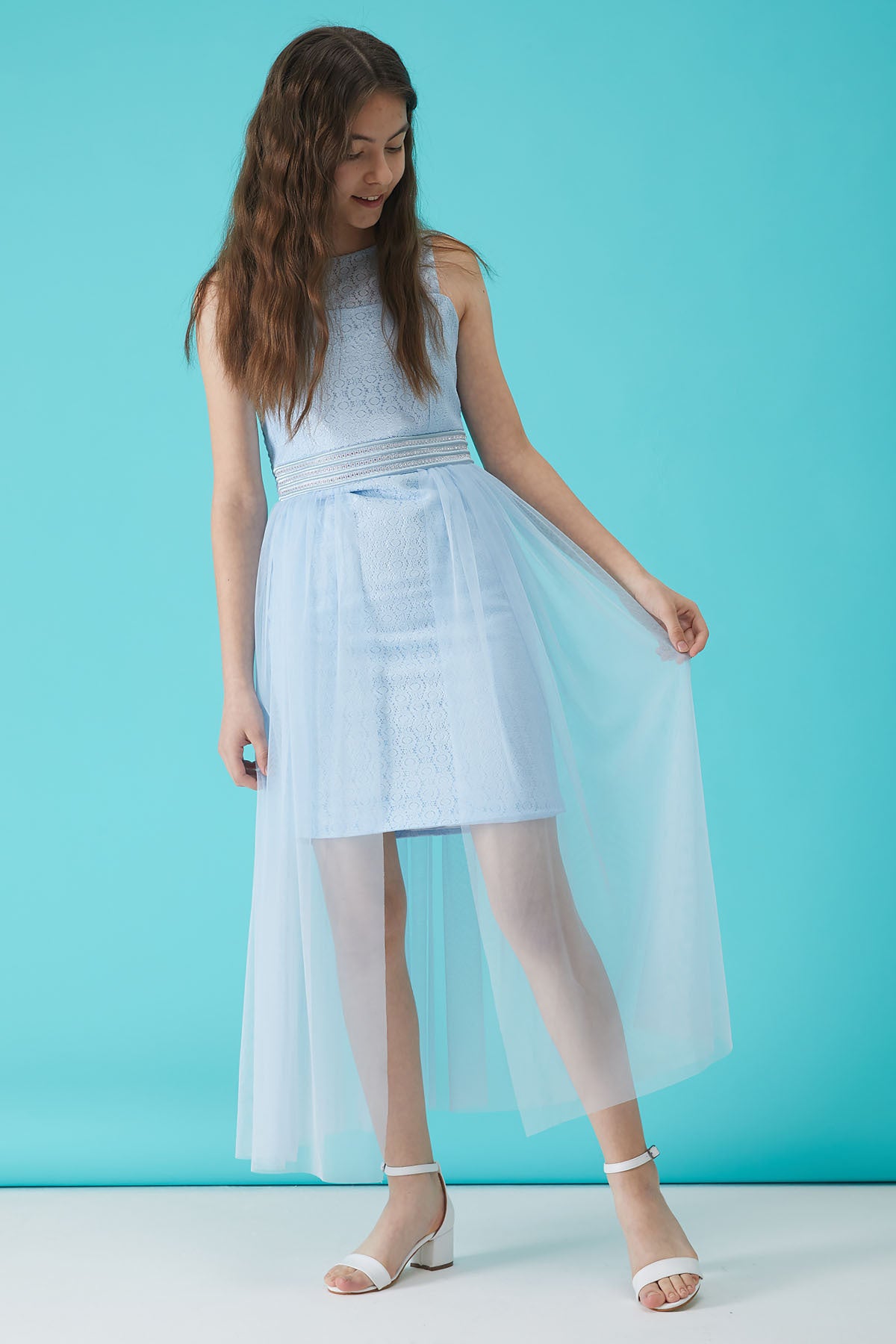 Girl'S Blue Stone Detailed Tulle Evening Dress 15156