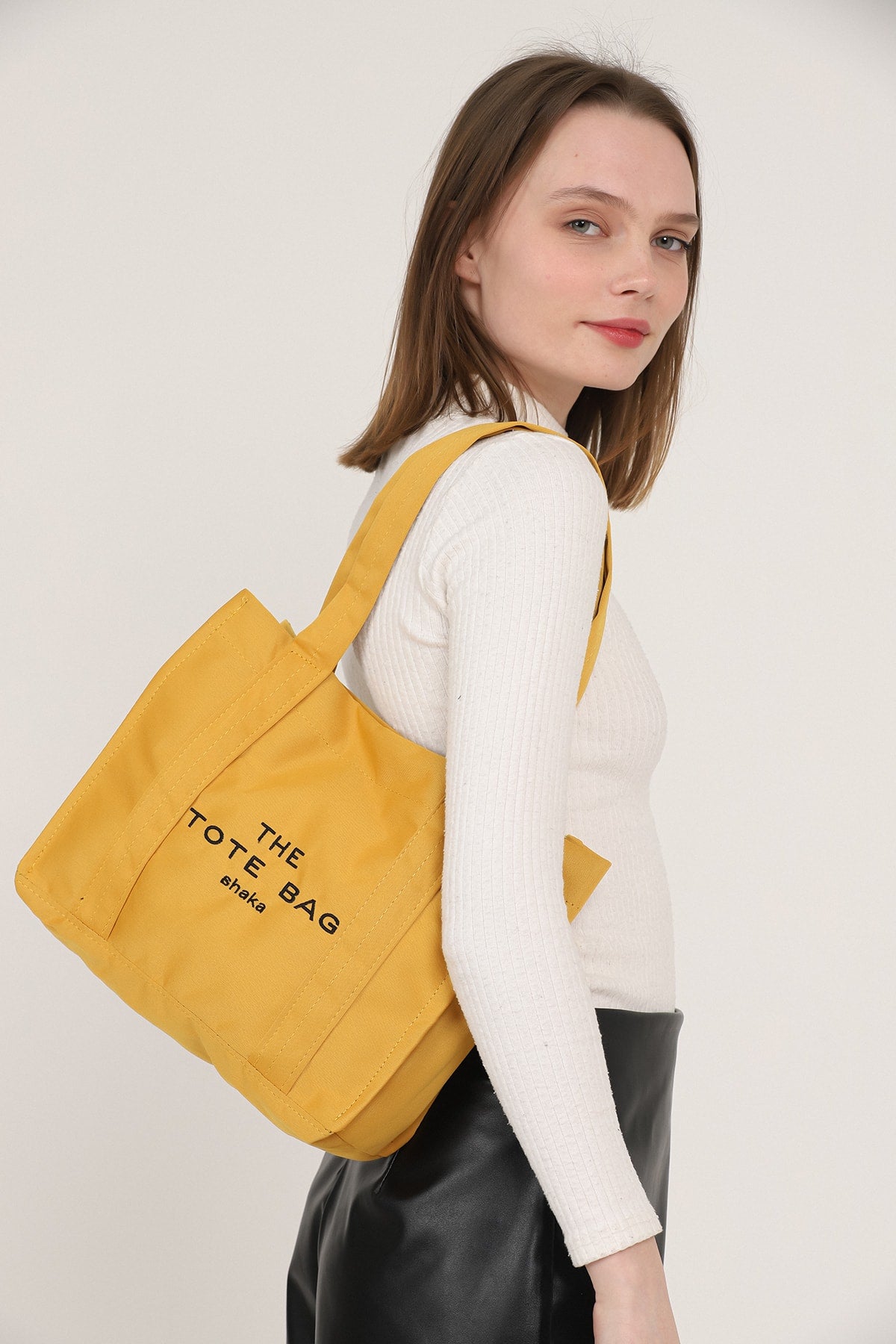 Mustard U45 Snap Closure The Tote Bag Embroidered Canvas Fabric Casual Women'S Arm And Shoulder Bag 25X