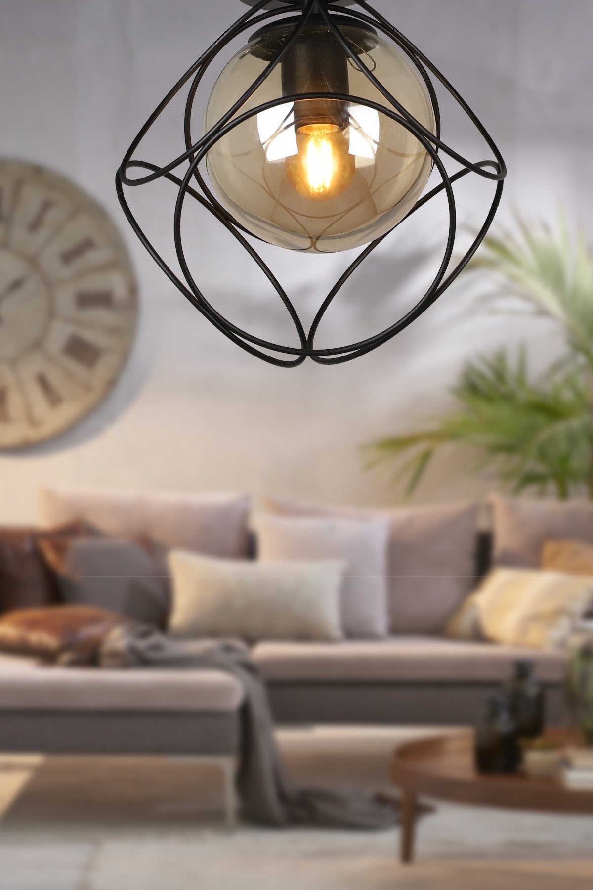Suna Single Black-Honey Glass Ceiling Mount Chandelier