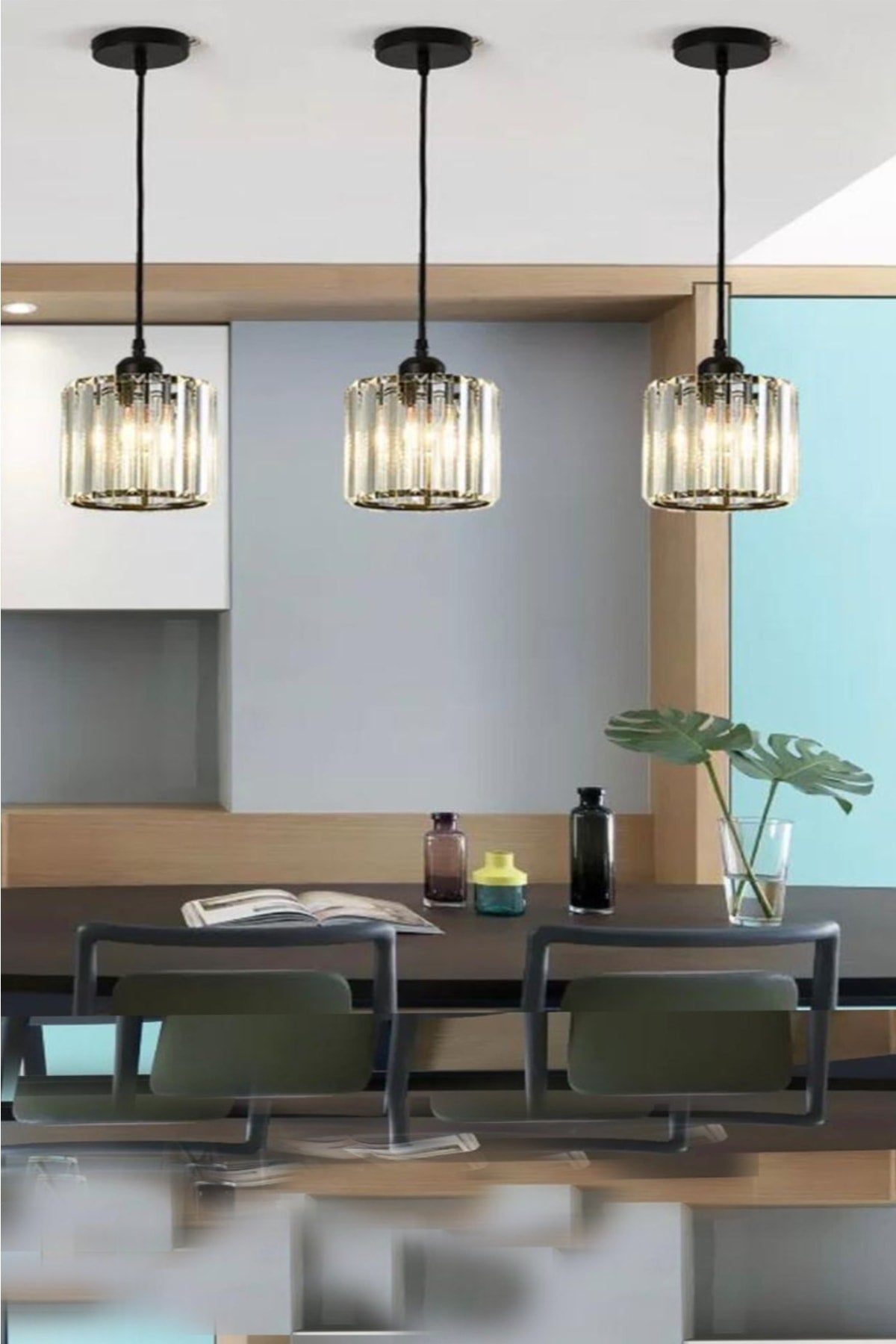 Pendant Lamp Single Black Y-15 (PLAF. TESİSAT) Crystal Stone Chandelier