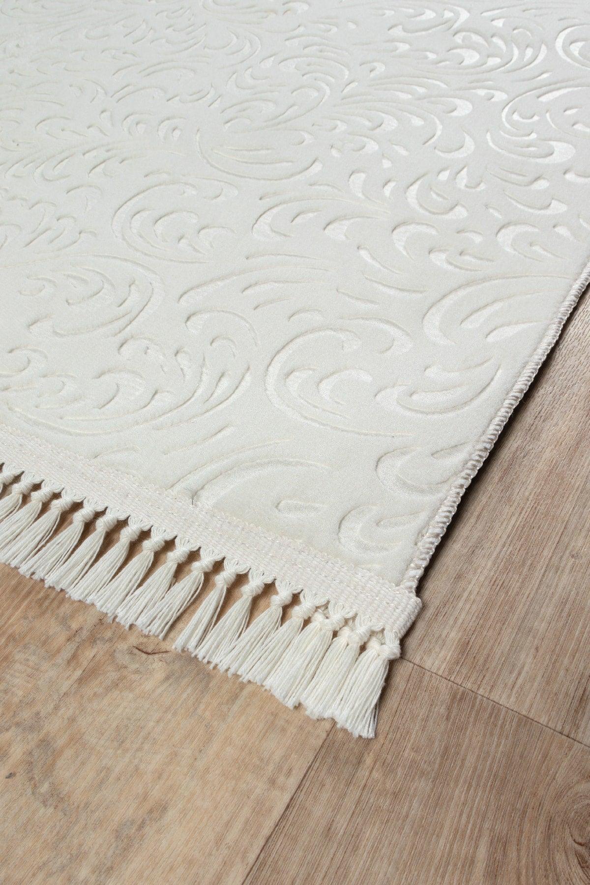 Washable Non-Slip Base Fringed Oslo Cut Roll Carpet Runner Cream - Swordslife