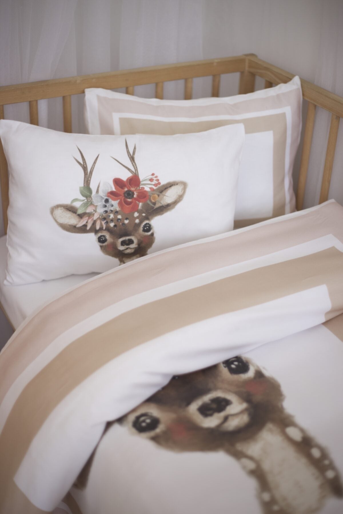 Organic Printed Cotton Satin Baby Duvet Cover Set - Deer And Flower Themed