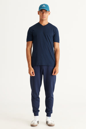 Herren-T-Shirt mit V-Ausschnitt, schmaler Passform, Marineblau, Baumwolle, kurzärmlig