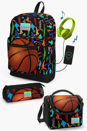 Kids Black Basketball Pattern Usb 3-Piece School Bag Set Set0123281