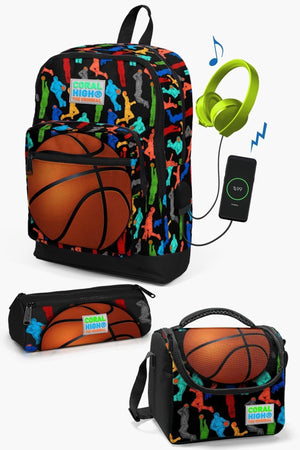 Kids Black Basketball Pattern USB 3-Piece School Bag Set SET0123281