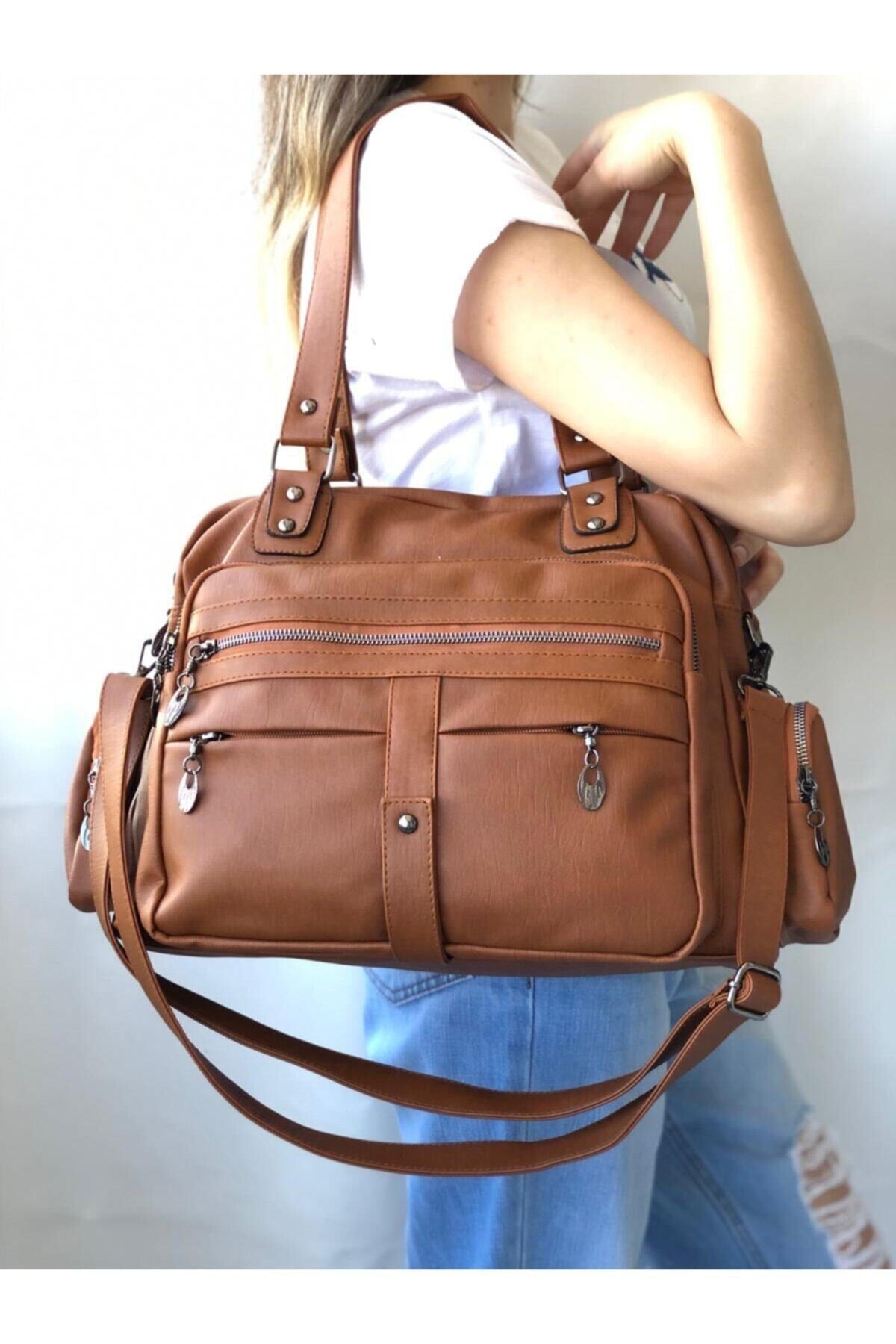 Samilon Damen Schulter- und Handtasche aus hellbraunem Waschleder mit mehreren Fächern