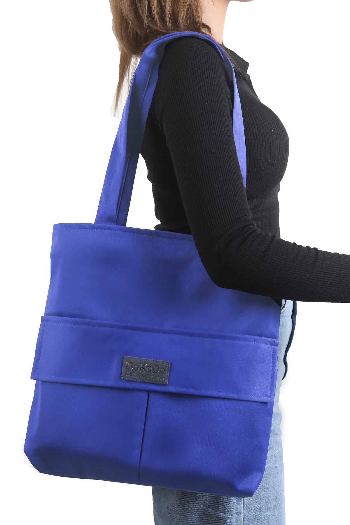 Women'S Sax Blue Bag Zippered Hand And Shoulder Bag Canvas Fabric Tote Bag
