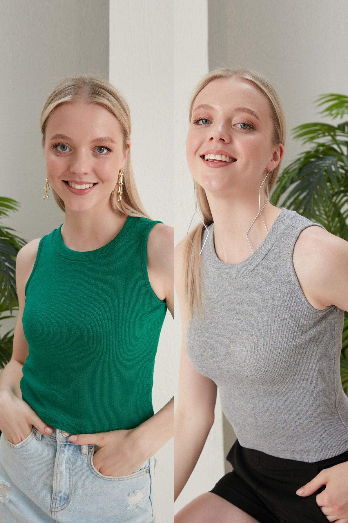 Women's Gray Green Halter Neck Corduroy 2-Pack Crop Blouse - Swordslife