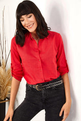 Women's Red Sleeve Fold Linen Shirt - Swordslife