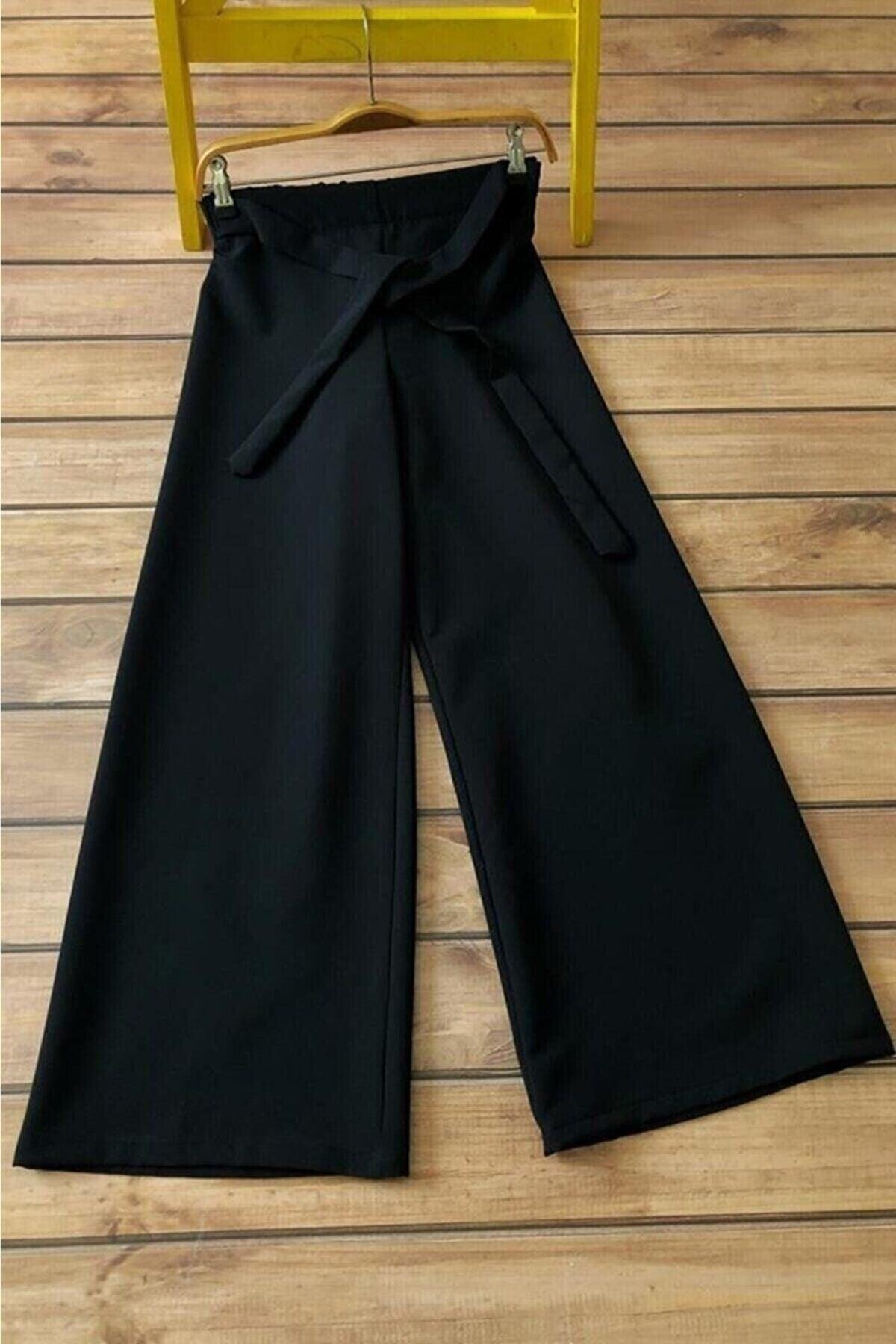 Women's Black Wide Leg Crepe Fabric Trousers - Swordslife