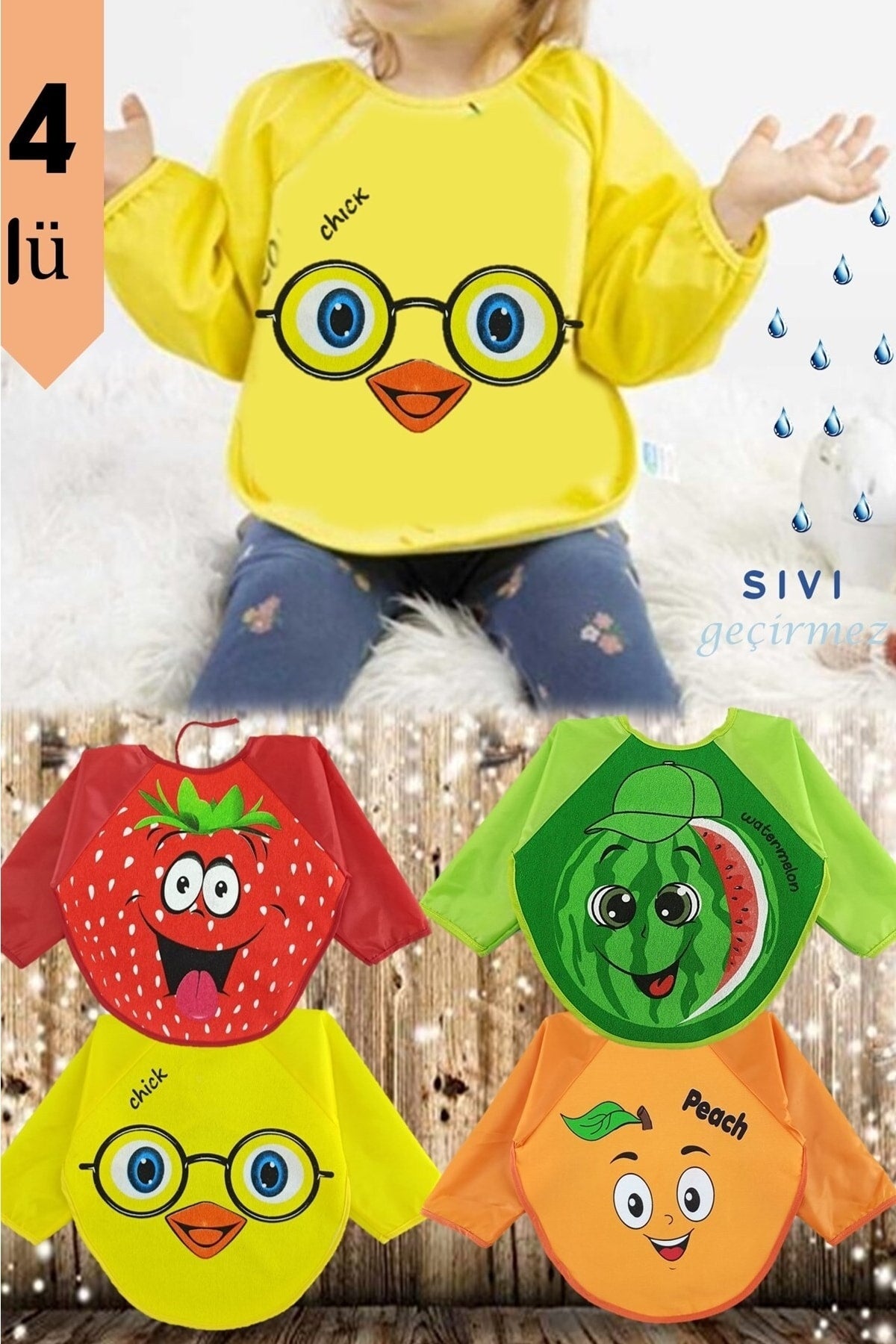 Pieces Fruit Peach-watermelon-chick-strawberry Pattern Long Sleeve Waterproof Bib 6-24 Months