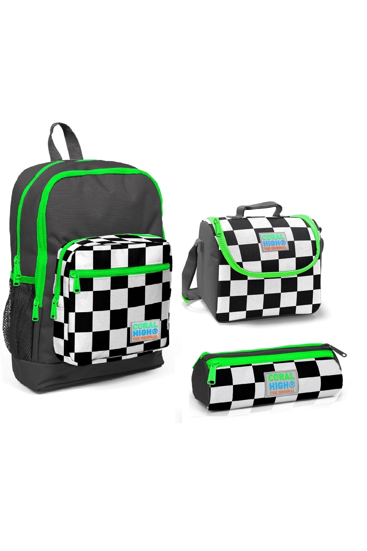 Kids Four Compartment Checkered Green 3-Piece School Bag Set
