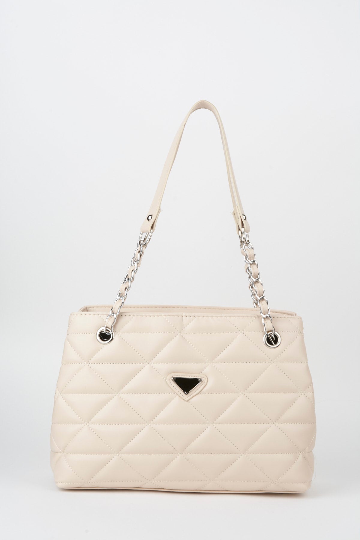 Crocos Cream Leather Quilted 3 Compartment Zipper Closure Lined Hand Arm And Shoulder Bag With Chain Strap