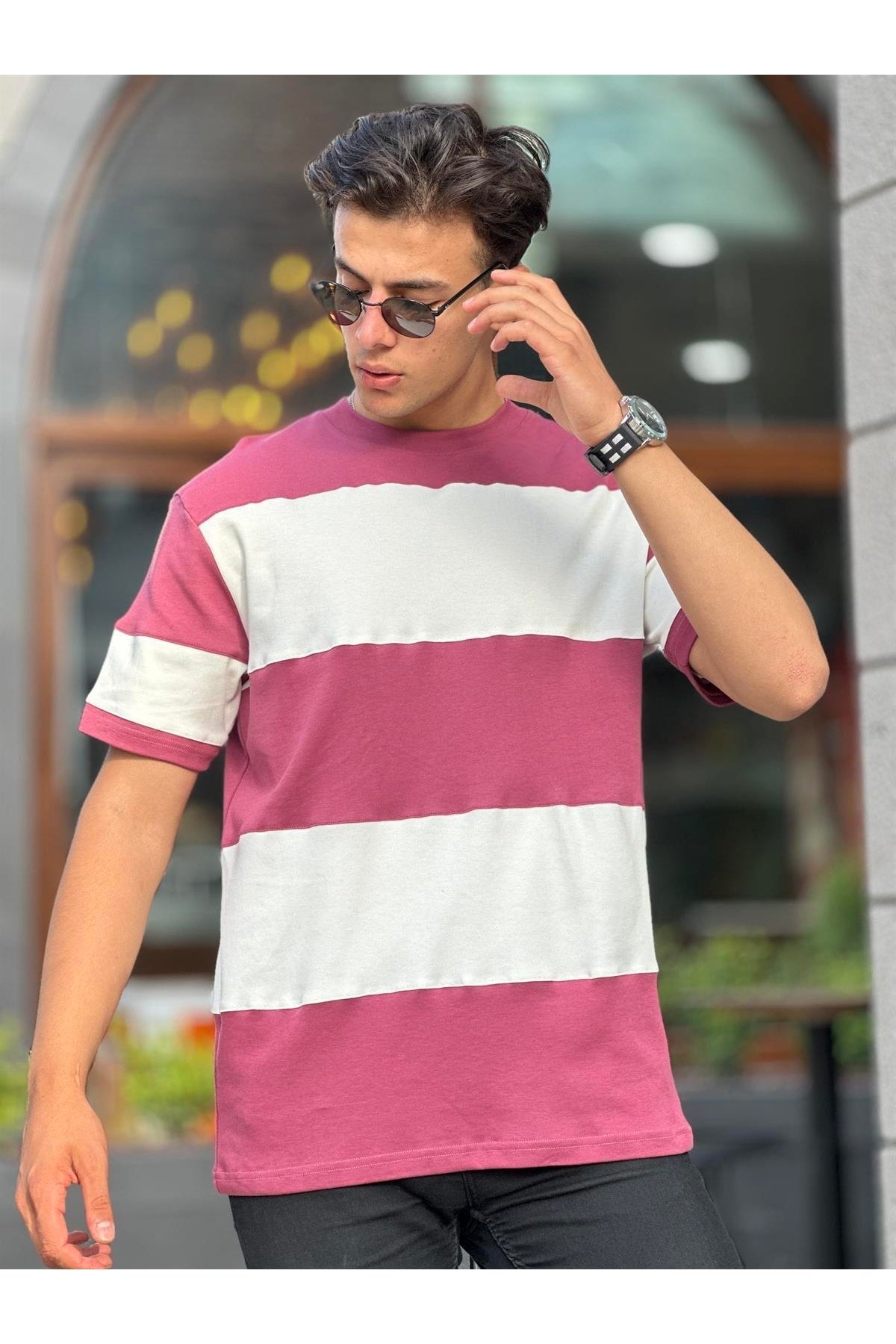 Two Color Short Sleeve T-Shirt Oversize-Fuchsia-White